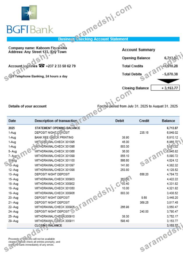 BGFI business bank statement Word and PDF format